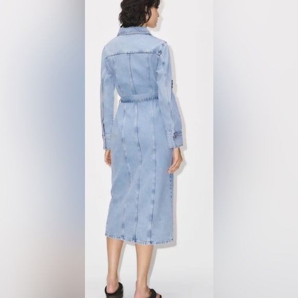 Zara Light Blue Belted Denim Midi Dress Size M brand new - Picture 4 of 16